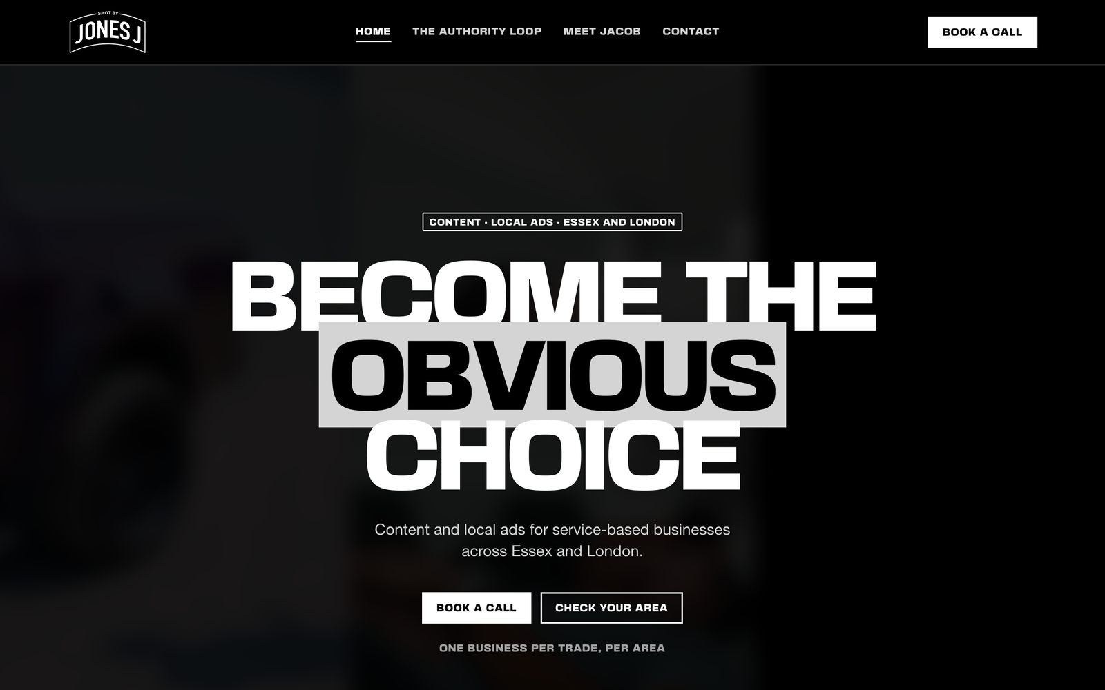 The Shot by Jones J homepage: Become the obvious choice, in bold white capitals on black